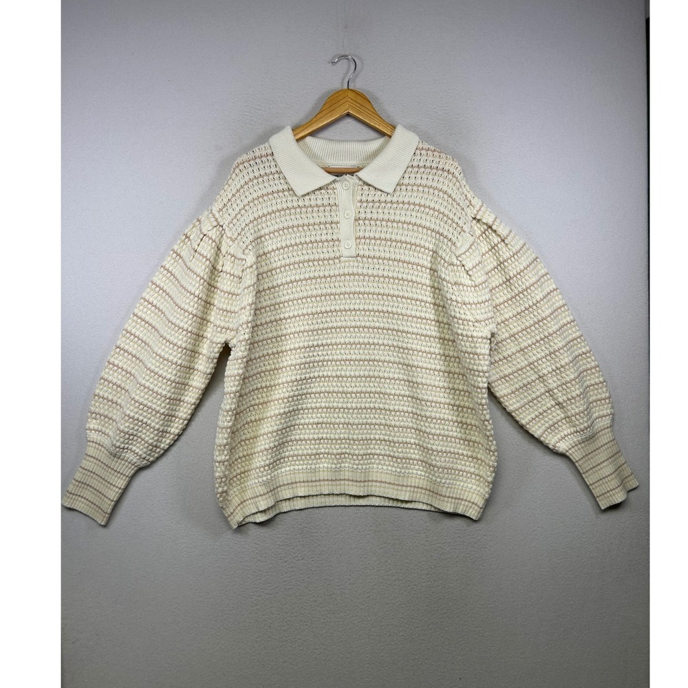 Grandmacore Ava & Viv Women 2X Cream Striped Popcorn Knit‎ Collared Polo Sweater